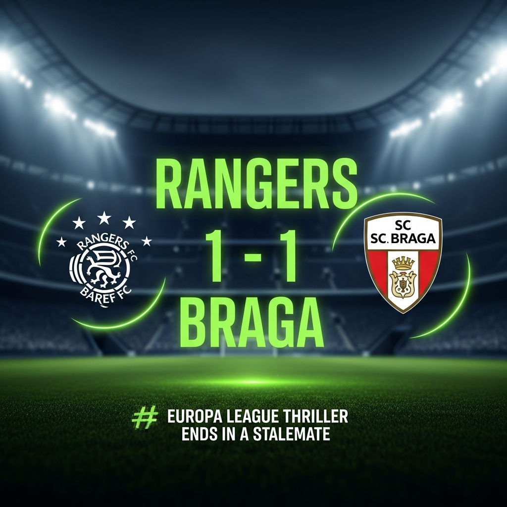 A dramatic football match thumbnail showing Rangers 1 - 1 Braga score with team crests and lime green accents.