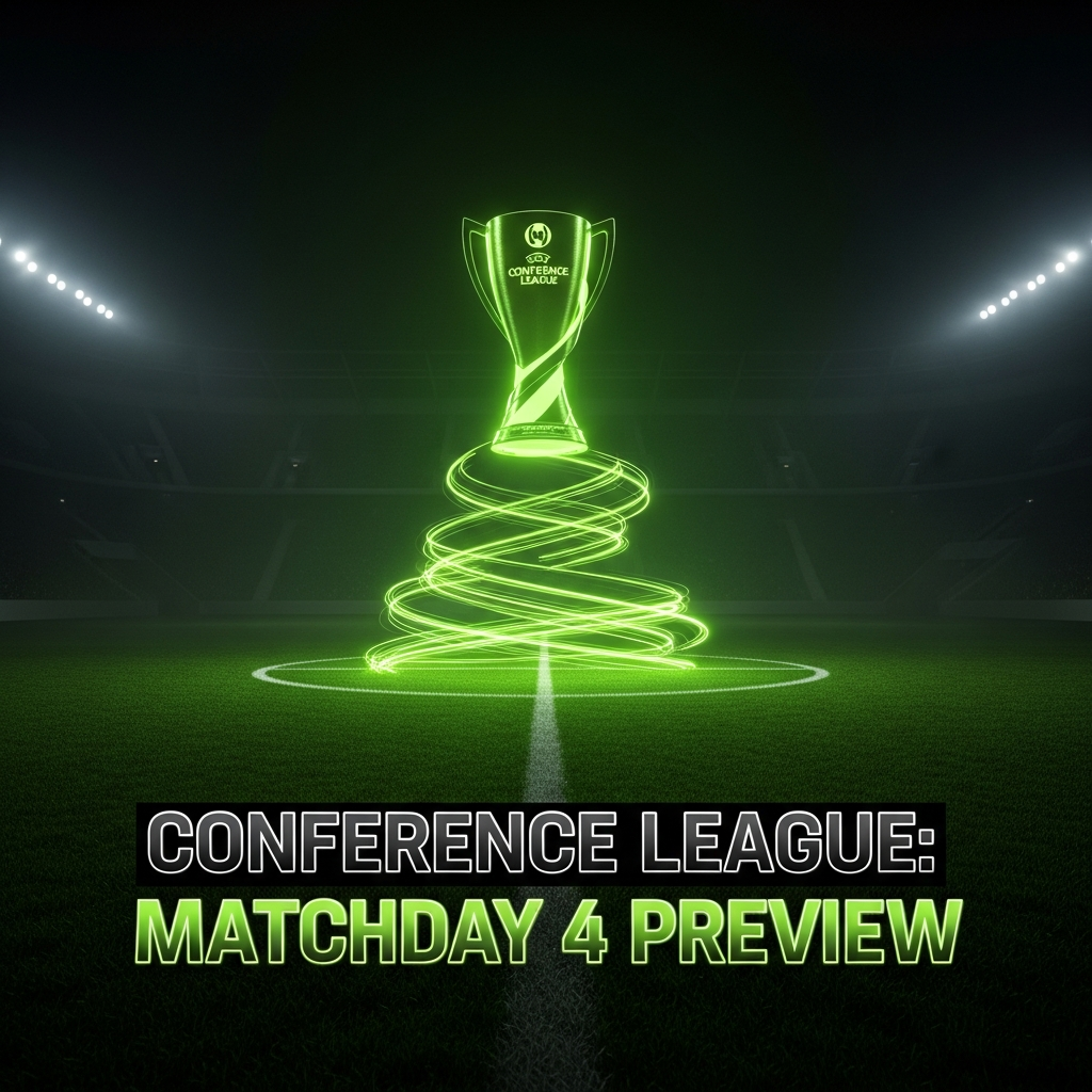 A dramatic, ultra-realistic 16:9 digital art image for a football blog post thumbnail, with a glowing lime green UEFA Conference League trophy.