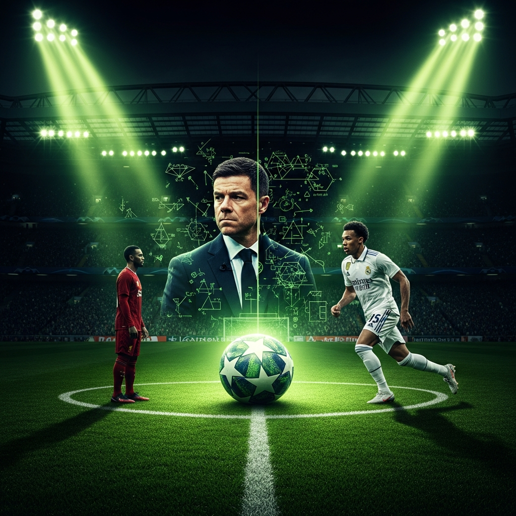 A dramatic, dark-toned 16:9 image of Anfield stadium at night with lime green floodlights and two silhouetted players.