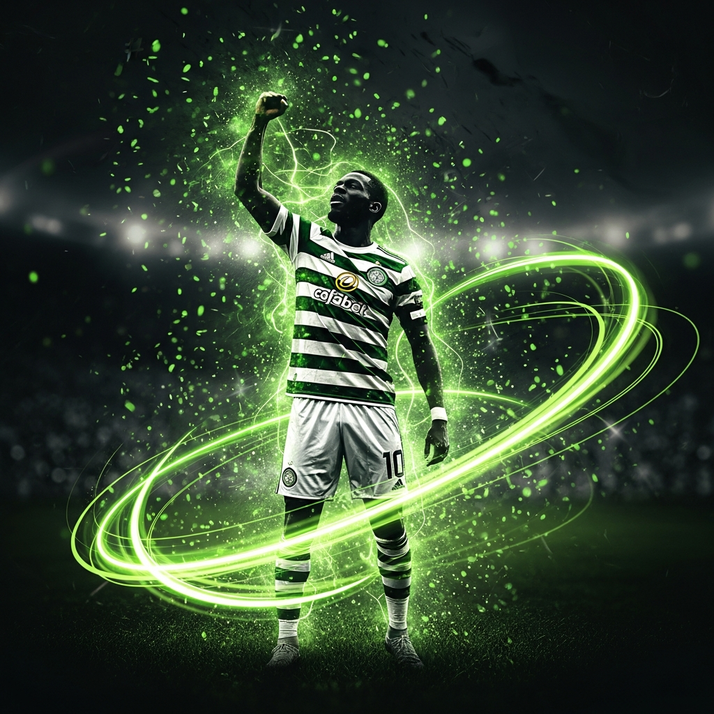 A 16:9 thumbnail for a blog post with a dark, atmospheric tone and vibrant lime green accents. The background is a stylized, slightly blurred overhead view of a football pitch at night. In the center, the Celtic FC crest and the Feyenoord crest are shown clashing, emitting a lime green energy effect at the point of impact. Bold, modern text overlays the image, reading "CELTIC vs FEYENOORD: STARTING XI ANNOUNCED" in a crisp white font with a subtle lime green outline.