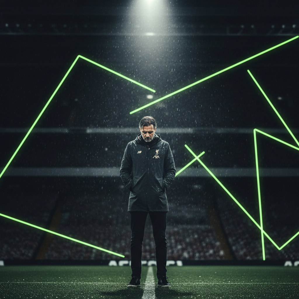 Liverpools Florian Wirtz looking frustrated on the bench, with his poor goal and assist stats highlighted in lime green.