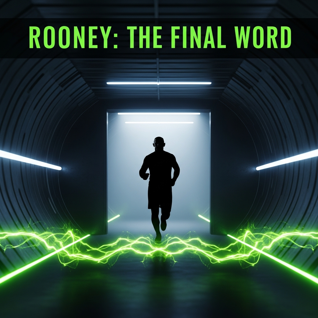A 16:9 cinematic thumbnail for a blog post. The image has a dark, moody tone, dominated by deep charcoals and blacks. A vibrant, electric lime green provides a stark contrast. On the left, an abstract, glowing lime green cannon emblem representing Arsenal. On the right, a similarly styled glowing lime green diamond pattern representing Bayern Munich. The two emblems are clashing in the center, creating sparks of light. In the foreground, slightly off-center, is a sharp silhouette of Wayne Rooney in a thoughtful pose, looking towards the clashing emblems. The text 'ROONEY'S VERDICT' is overlaid in a bold, modern, lime green font.
