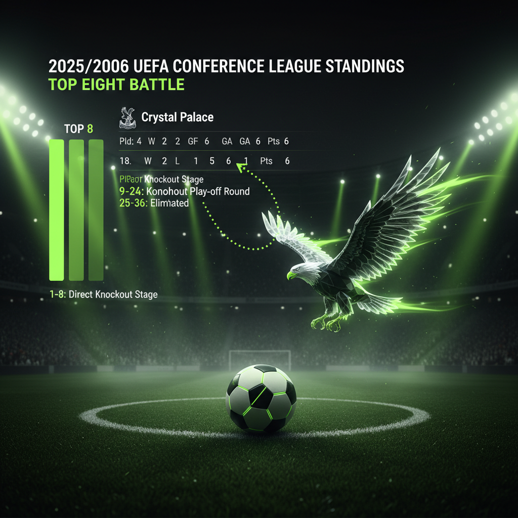 A dark graphic showing the UEFA Conference League standings with lime green bars indicating Crystal Palace