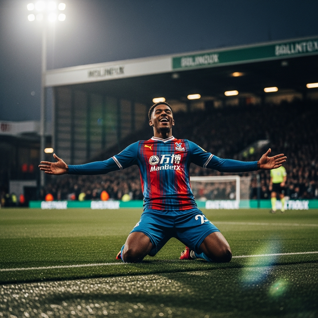 Crystal Palace player Yéremy Pino celebrating his spectacular goal, sliding on his knees with arms outstretched on a wet Molineux pitch, stadium lights blurred in background, dramatic dark and electric lime green color grade.