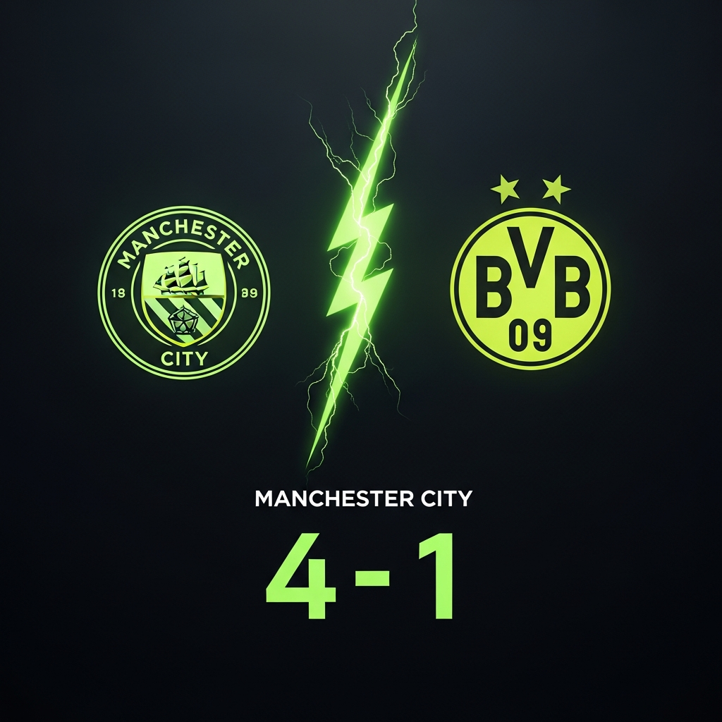 A high-contrast, dynamic 16:9 sports graphic with a dark charcoal background. On the left, the Manchester City crest glows with an inner lime green light. On the right, the Borussia Dortmund crest does the same. A jagged, electrifying lime green lightning bolt splits the two crests down the middle. In the foreground, the score "4-1" is displayed in a bold, modern, lime green digital font, with "MANCHESTER CITY" written in a smaller white font above the score. The overall aesthetic is dark, moody, and energetic.
