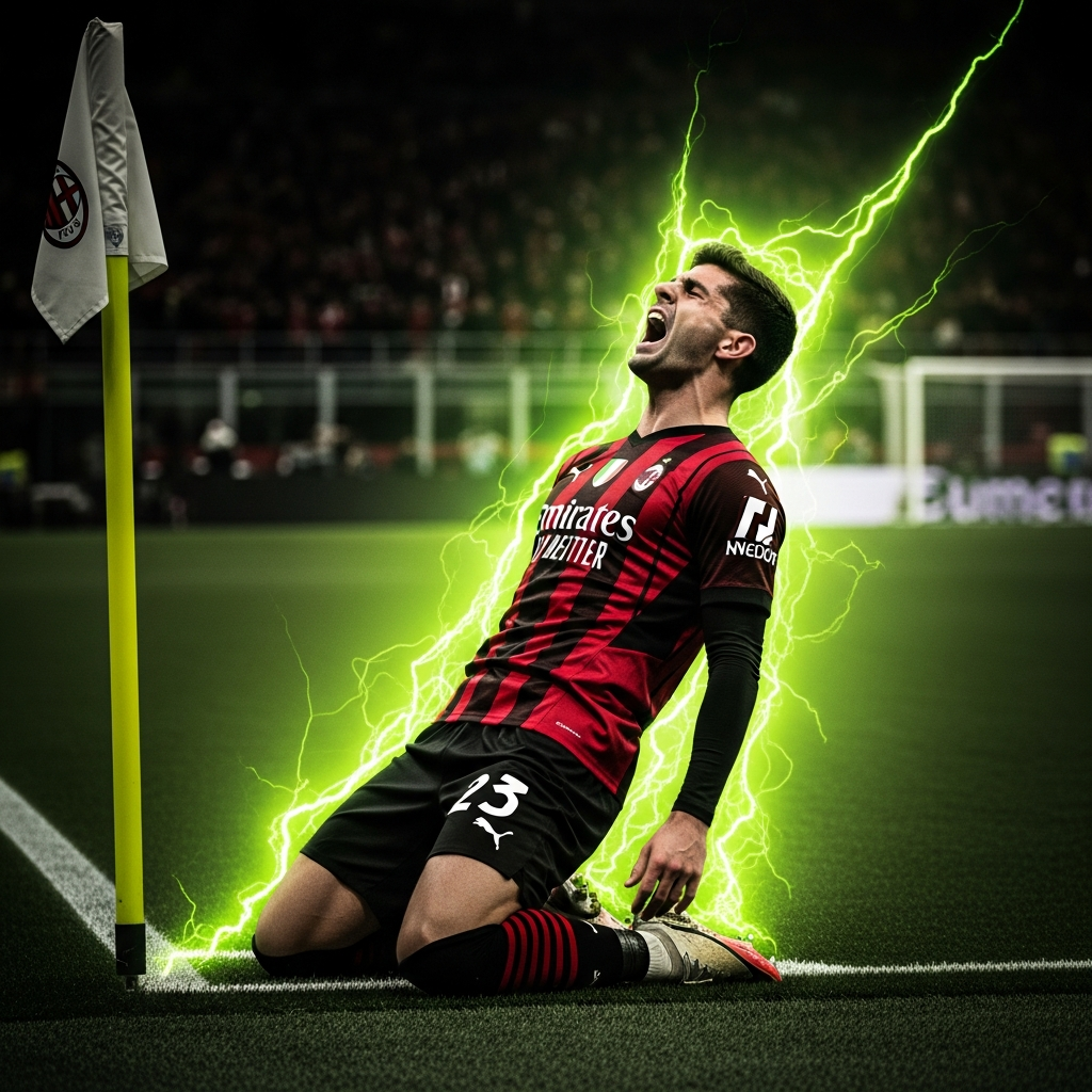 Christian Pulisic celebrating his goal for AC Milan, sliding on his knees with a lime green light effect.