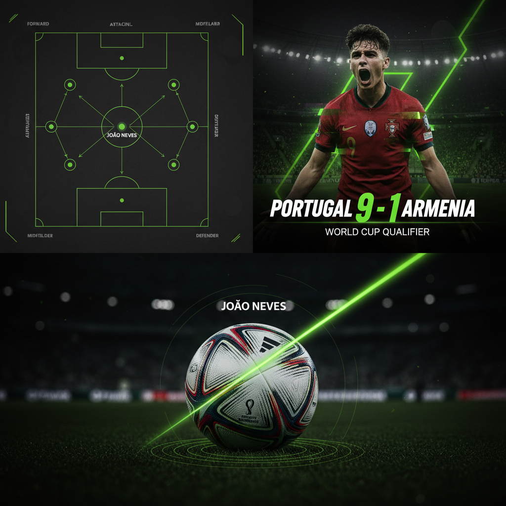 The official 2026 World Cup qualifier match ball on the pitch at Estádio do Dragão with lime green lighting accents.