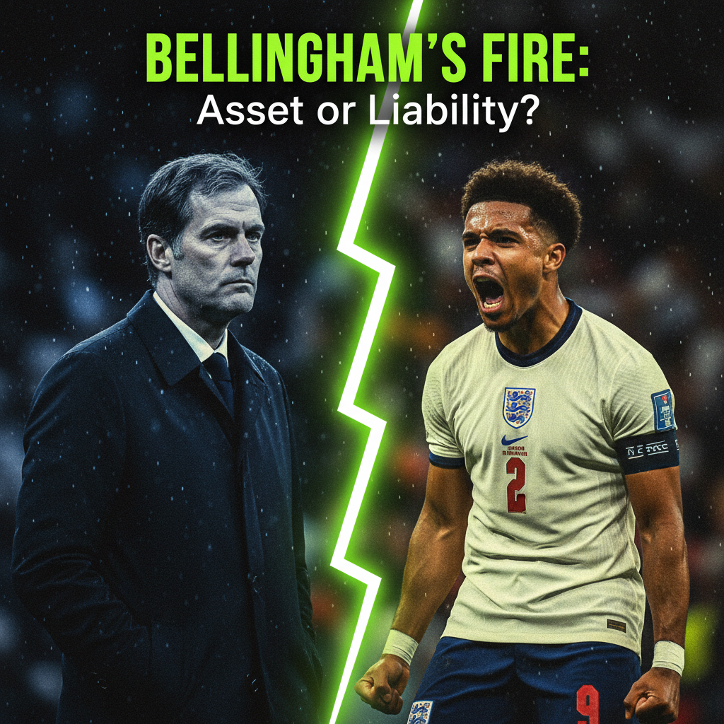 England manager Thomas Tuchel looking pensive on the training ground, in a portrait with a dark and lime green aesthetic.