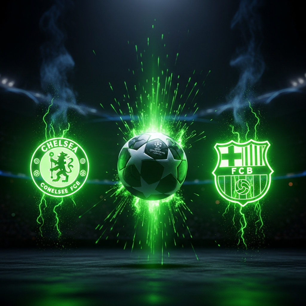 Dramatic thumbnail showing Chelsea and Barcelona crests glowing lime green with a Champions League football, set against a dark, futuristic background.