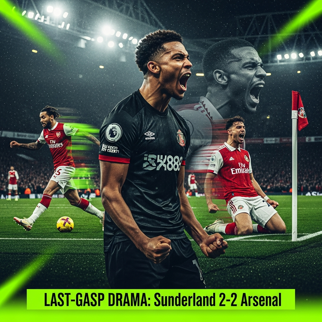 A dramatic, dark-toned action shot of Sunderland Brian Brobbey celebrating his 94th-minute equalizer against Arsenal. He is mid-shout, fists clenched, with stadium floodlights creating a moody, cinematic feel. The background is a blur of the ecstatic Stadium of Light crowd. A vibrant, electric lime green graphic overlay at the bottom features the text "LAST-GASP DRAMA: Sunderland 2-2 Arsenal" in a bold, dark font.