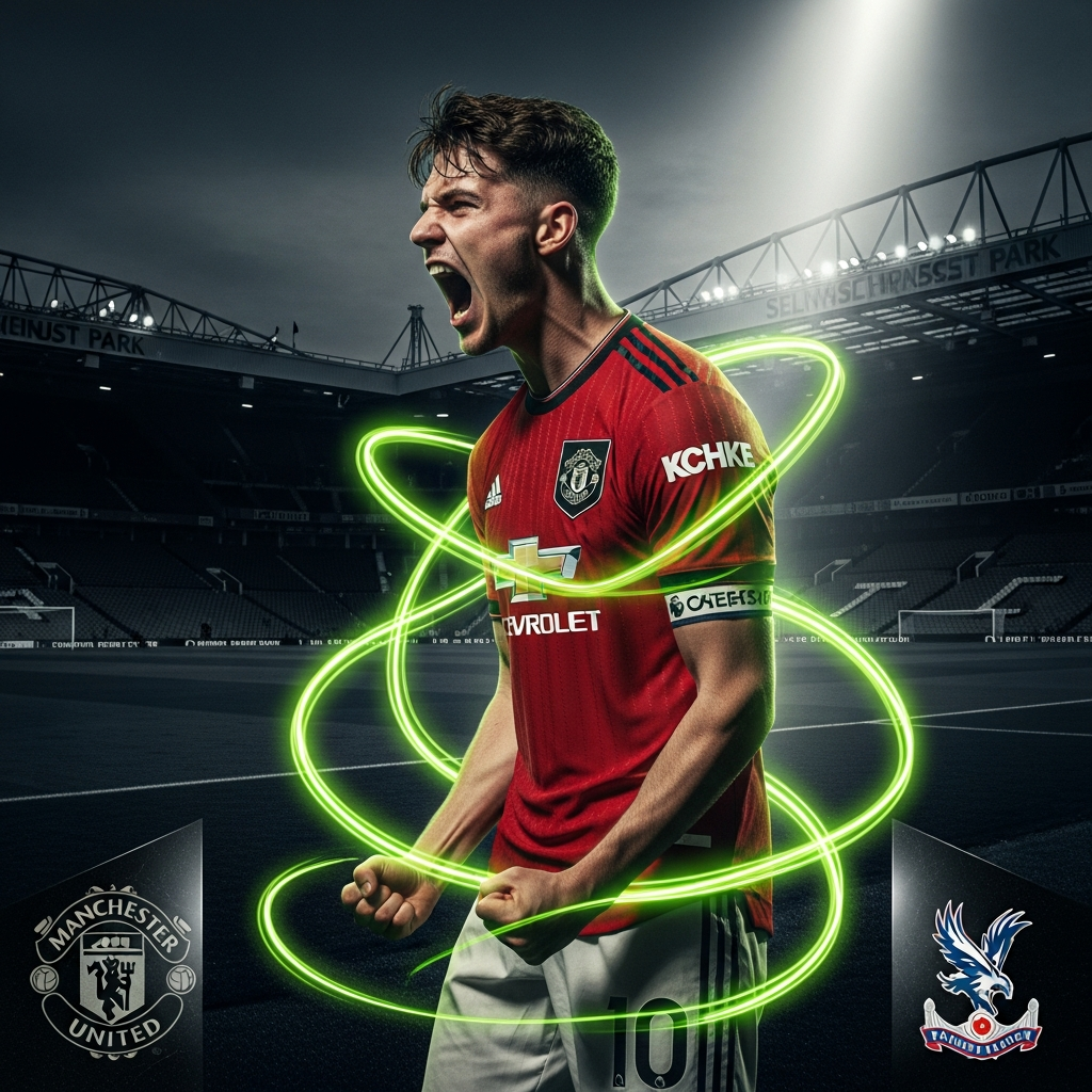 Manchester United’s Mason Mount celebrates his winning goal against Crystal Palace, illuminated by dramatic spotlight and vibrant lime green streaks.