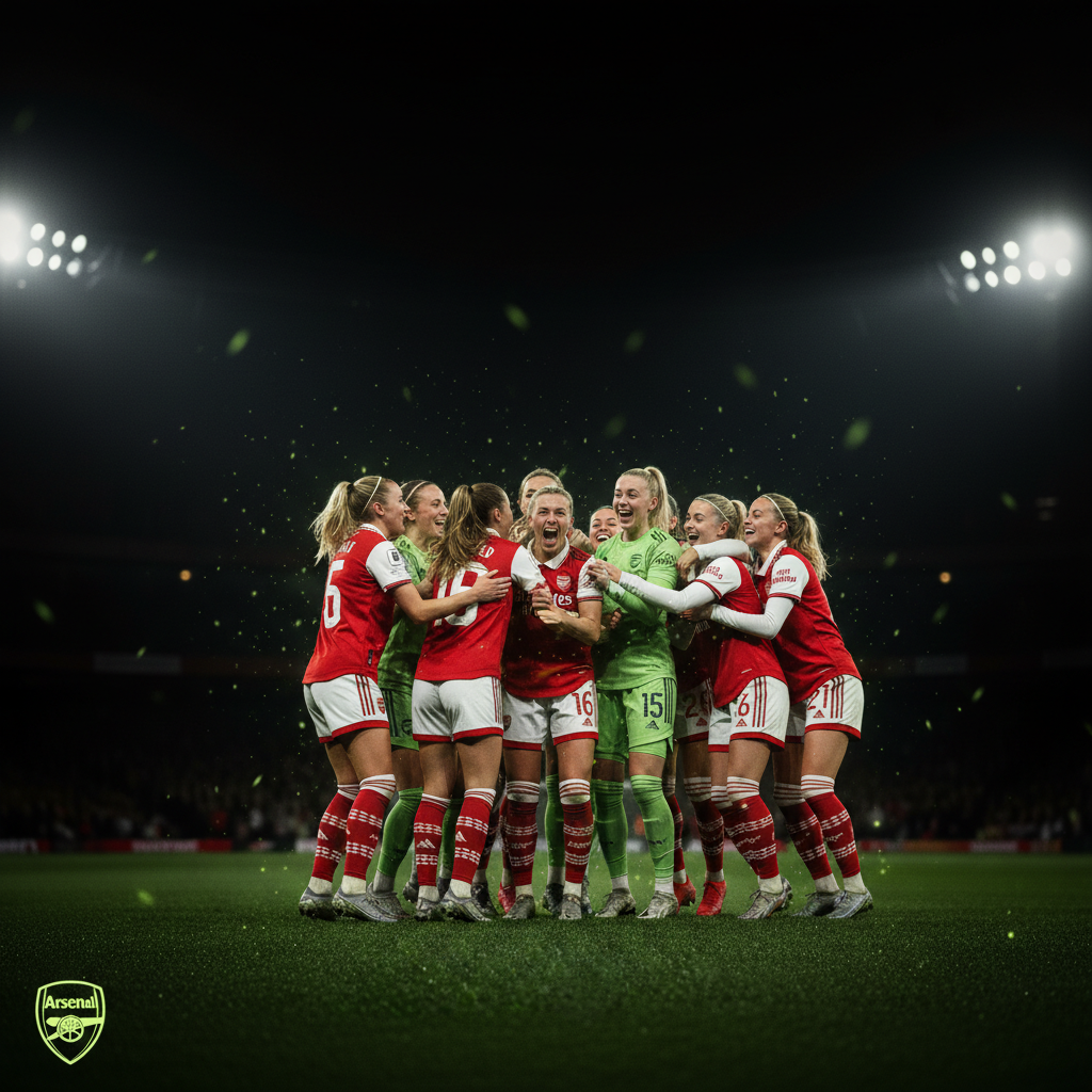 Alessia Russo celebrates her winning goal against Real Madrid with her Arsenal teammates in a dark, atmospheric setting with lime green highlights.