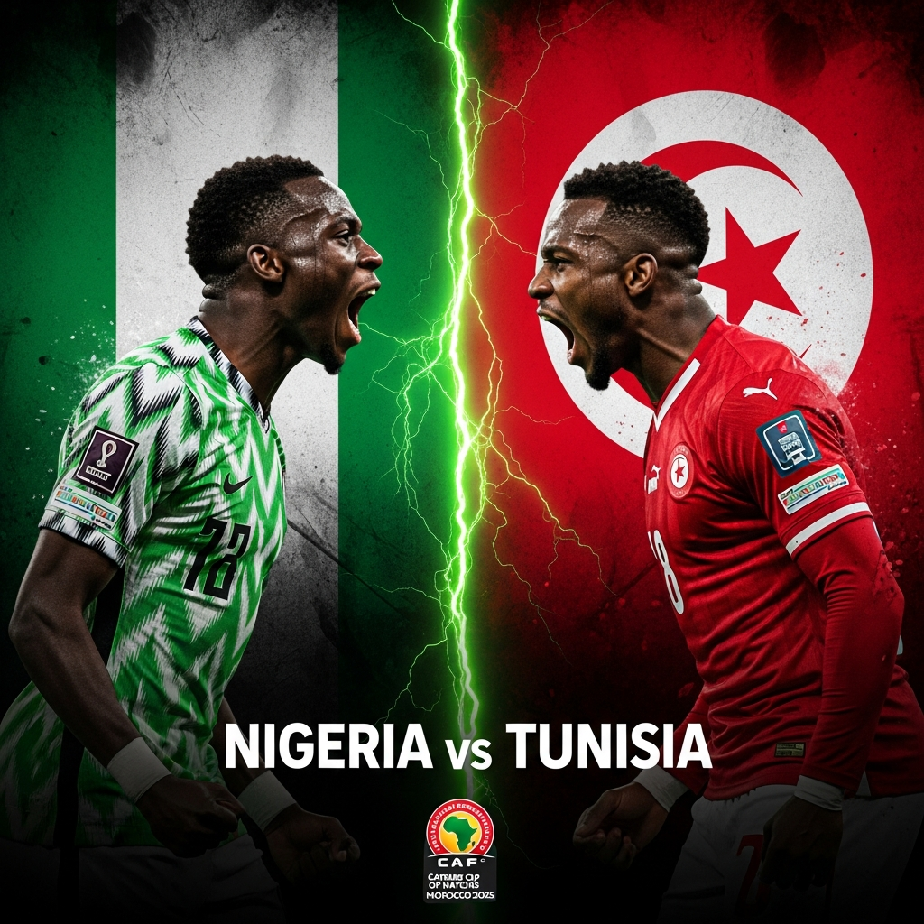 A dramatic, split-screen 16:9 thumbnail with Nigeria vs Tunisia match preview, featuring Ademola Lookman and Elias Achouri with lime green energy effects and AFCON 2025 logo.