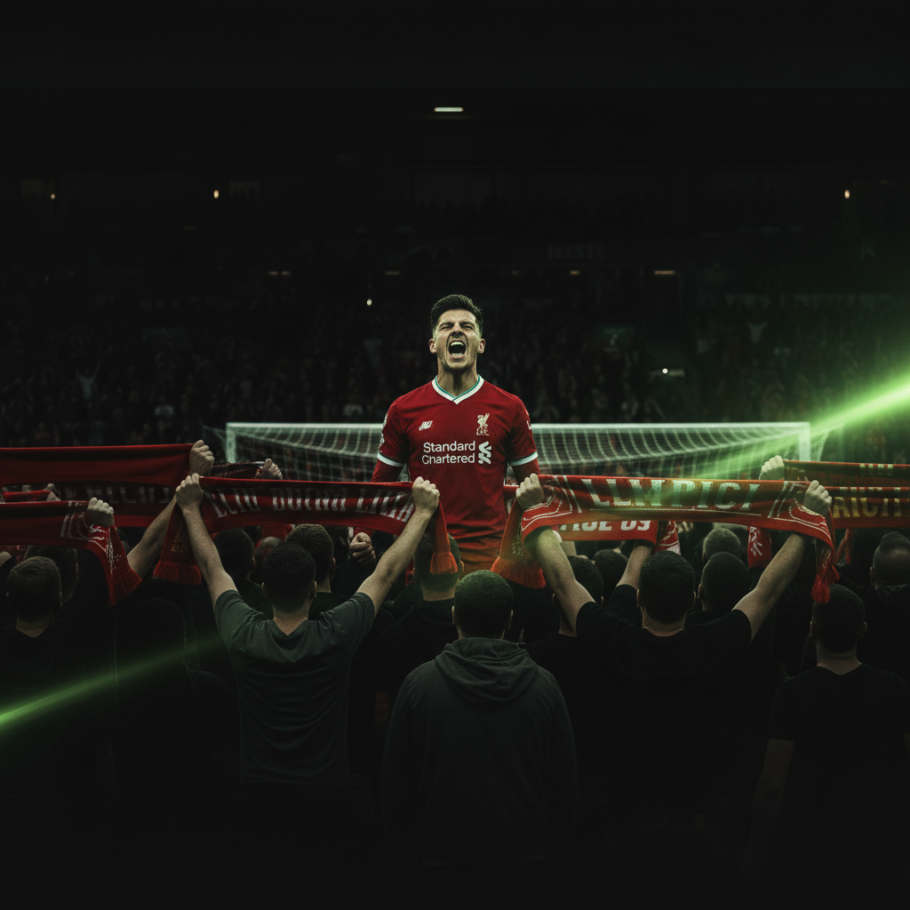 Mohamed Salah in intense match action for Liverpool, focused and determined.