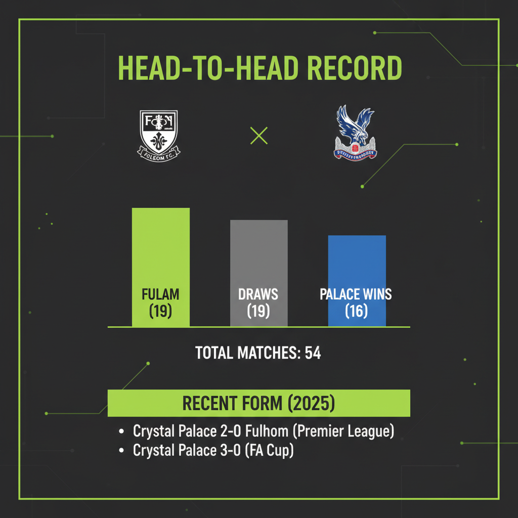 Head-to-head statistics infographic for Fulham vs Crystal Palace with a lime green and dark color scheme.