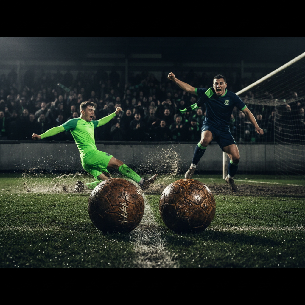 Two old leather footballs resting on a muddy goal line with vibrant lime green grass and dark, atmospheric lighting.
