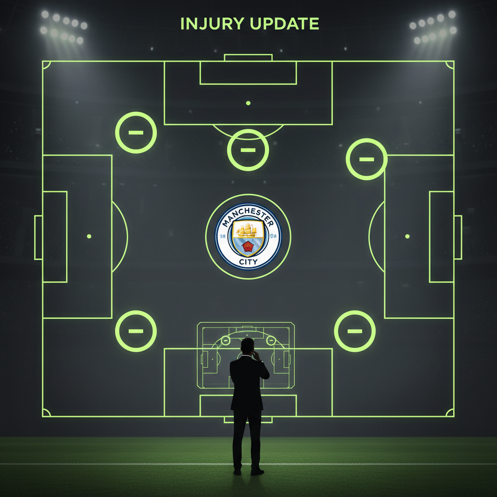 Infographic of a football pitch showing gaps in Manchester Citys midfield and defense with lime green highlights.
