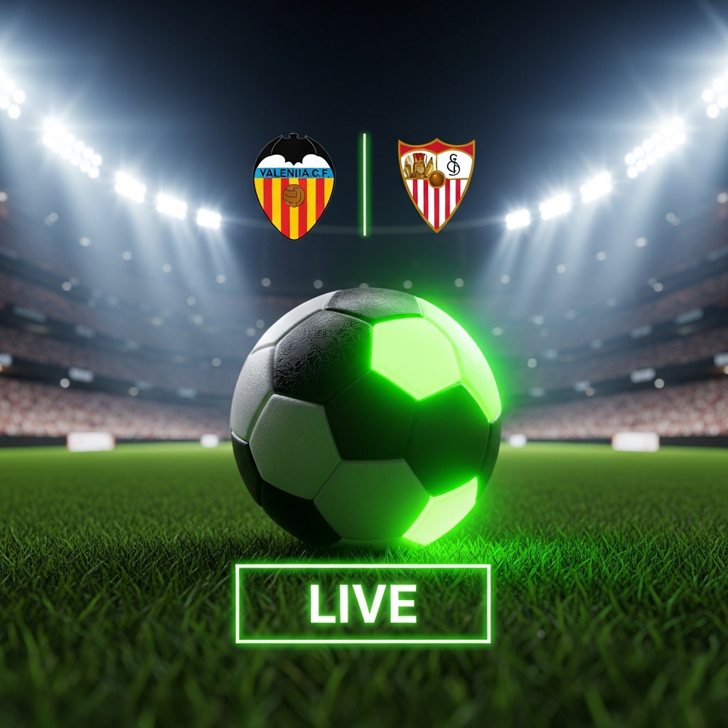 A 16:9 cinematic, dark-themed thumbnail for a football match between Valencia and Sevilla. The background is a dark, slightly textured charcoal grey. On the left, the Valencia CF crest glows with a vibrant lime green neon effect. On the right, the Sevilla FC crest has the same lime green neon glow. Between the crests, a dynamic, abstract swirl of lime green light streaks across the frame, suggesting fast-paced motion. The text 'VALENCIA vs. SEVILLA' is in a bold, modern, white font at the top, with 'LIVE' in a lime green block font below it.