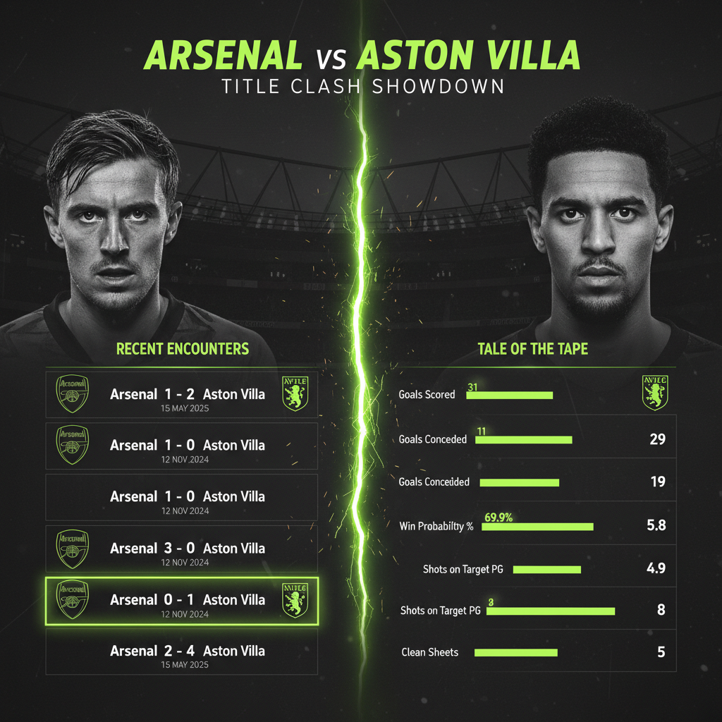 Infographic showing the last five match results between Arsenal and Aston Villa in a lime green and dark color scheme, highlighting Villa wins.