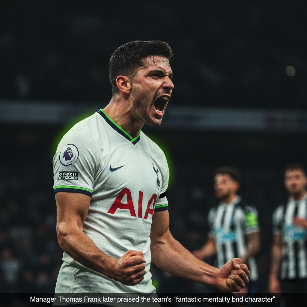 Tottenham captain Cristian Romero celebrates his dramatic 95th-minute overhead kick goal at St James' Park.