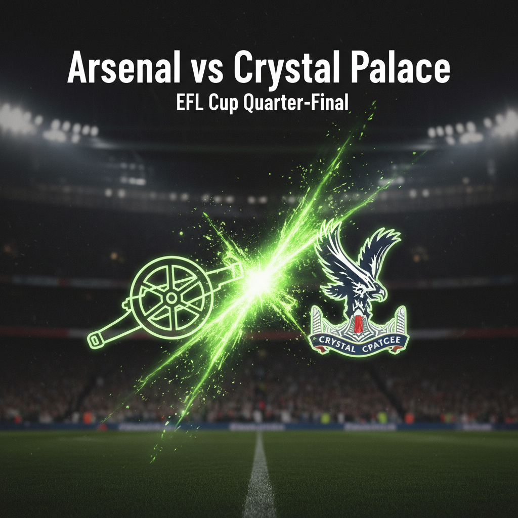 An Arsenal player mid-kick during the EFL Cup match, depicted with dynamic lime green light effects on a dark background.