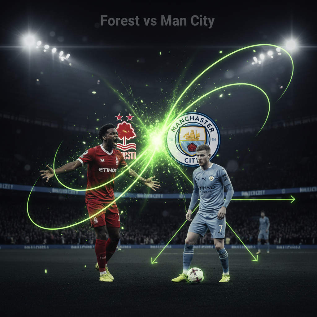 A Nottingham Forest player celebrates a goal with passion, highlighted by artistic lime green light effects against a dark stadium background.