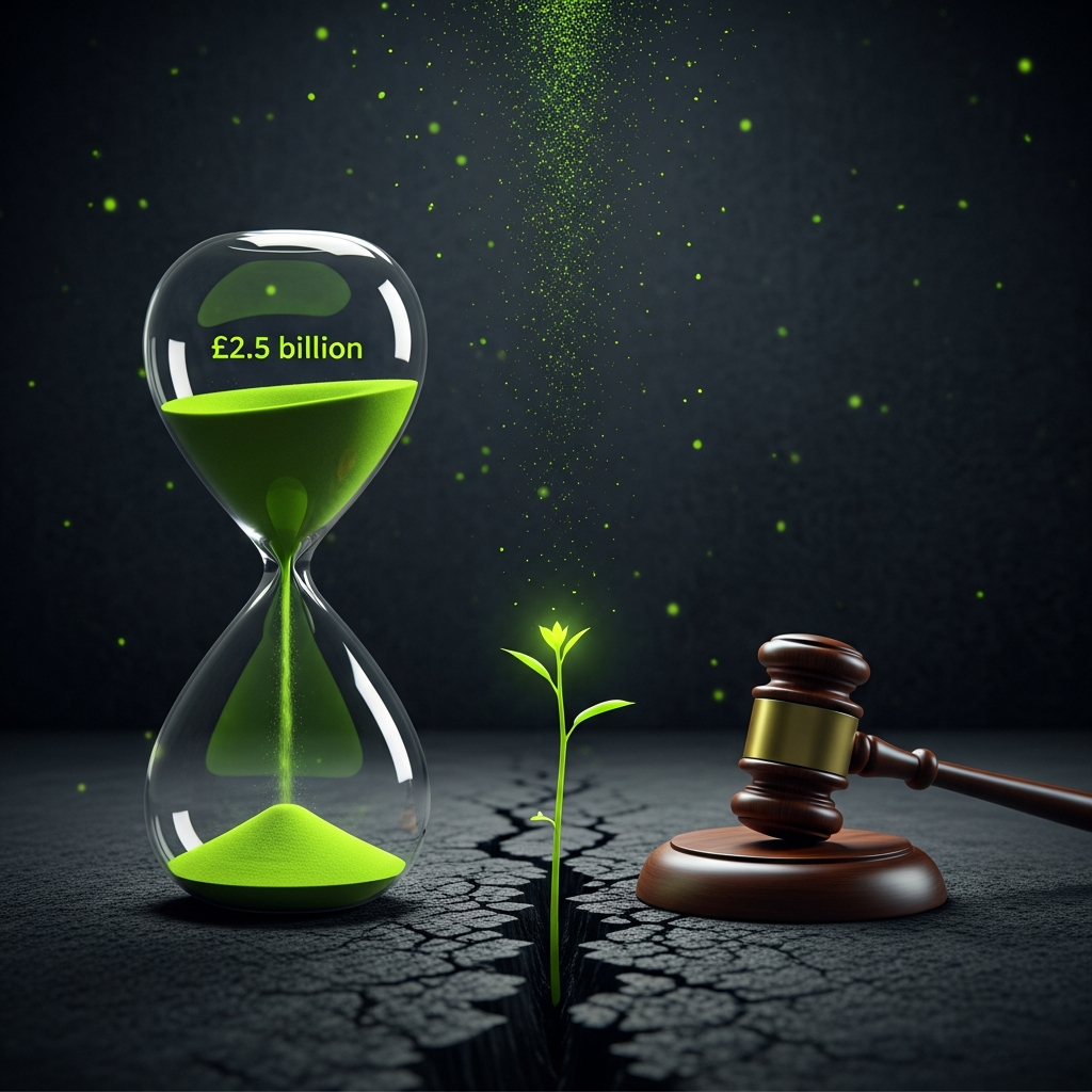 Dramatic hourglass and gavel symbolizing a ticking clock and legal action for Chelsea FC funds.