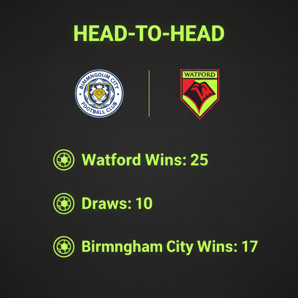 Head-to-head stats for Birmingham City vs Watford FC match in a dark and lime green graphic.