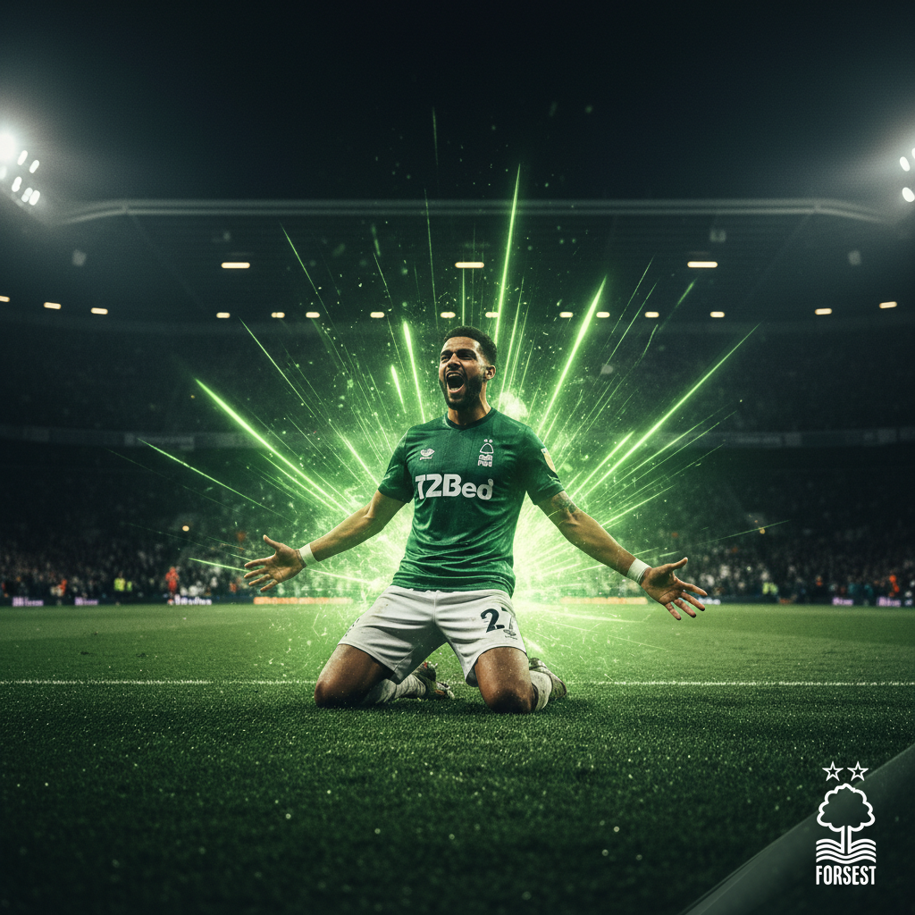 Referee reviewing a disallowed Nottingham Forest goal on the VAR monitor with lime green tactical graphics.