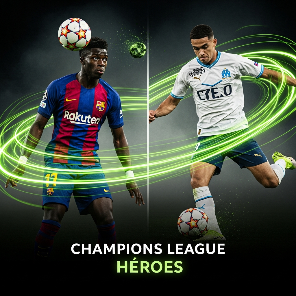 A dynamic, high-contrast 16:9 split-screen thumbnail featuring FC Barcelona’s Jules Koundé heading a football and Marseille’s Mason Greenwood striking a ball. Vibrant lime green light trails swirl around both players. The text "CHAMPIONS LEAGUE HEROES" is overlaid in lime green.