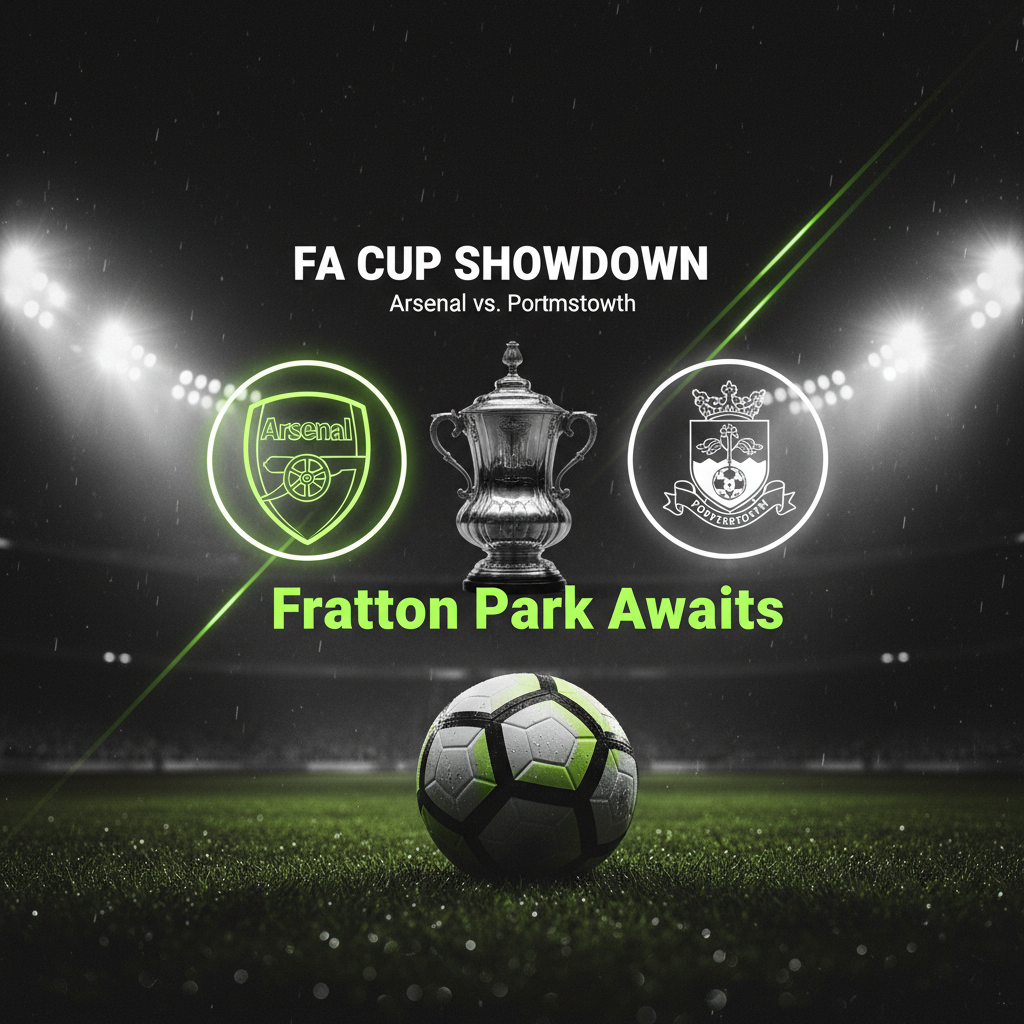 The FA Cup trophy with the text "Fratton Park Awaits," set against a dark, lime green-themed background.