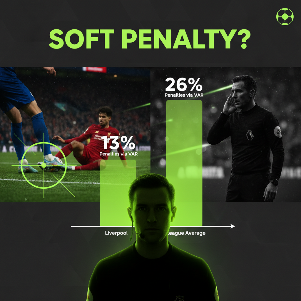 A referee listening to VAR during a review of a tackle, with lime green and dark tones.