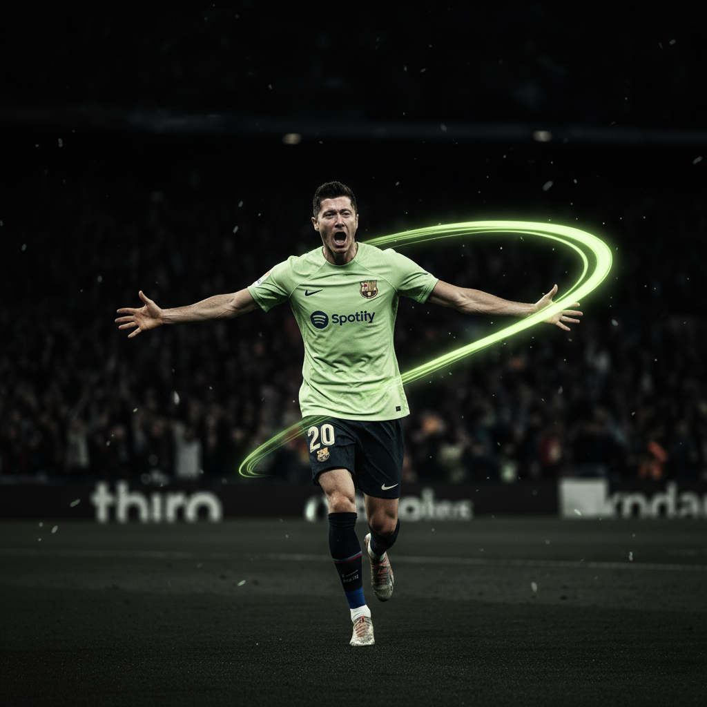 Lamine Yamal of Barcelona dribbling the ball during a match, highlighted with a lime green and dark color theme.