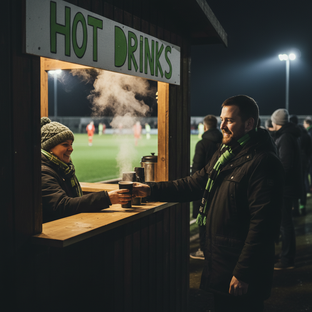 Two volunteers in club colours serving hot drinks to fans at a non-league football match on a cold evening.