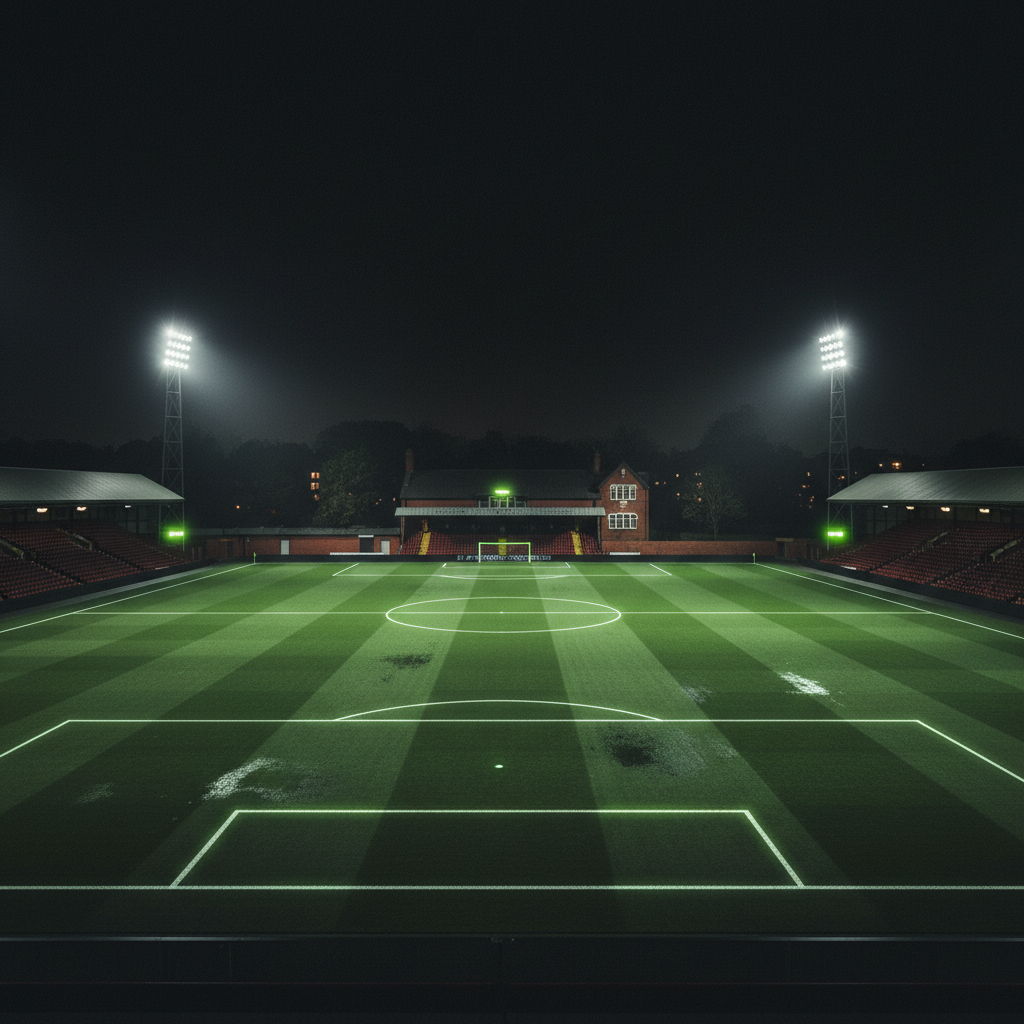 Craven Cottage stadium at night under floodlights with a lime green and dark color theme, ahead of the Premier League match.