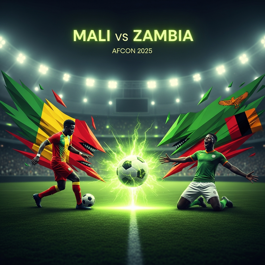 Futuristic football match promo for Mali vs Zambia in AFCON 2025