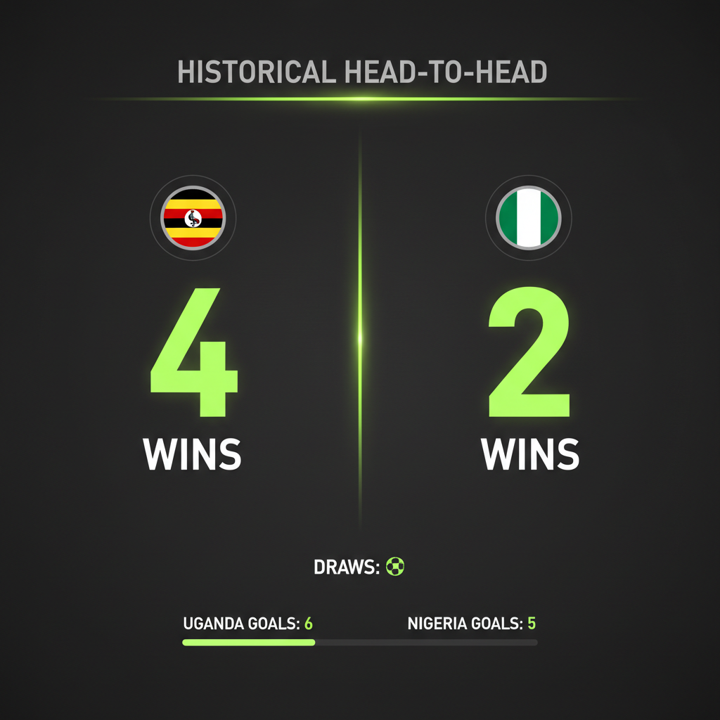 A dark-themed graphic with lime green text showing the historical football head-to-head stats between Uganda (4 wins) and Nigeria (2 wins).