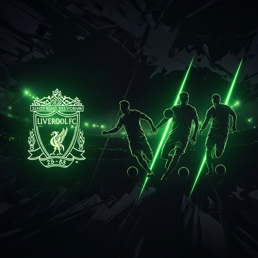 A 16:9 cinematic, dark-themed thumbnail for a blog post about Liverpool FC. The background is a dark, almost black, abstract texture with subtle hints of a stadium floodlight glow. The official Liverpool crest is positioned on the left, glowing with a vibrant lime green neon effect. On the right, silhouettes of three unrecognizable football players in dynamic poses are faintly visible, outlined with the same lime green light. The overall mood is modern, high-tech, and intense, dominated by dark tones and sharp lime green accents.
