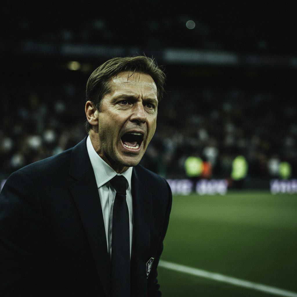 Football manager looking determined on the touchline, with a dark and lime green color theme.