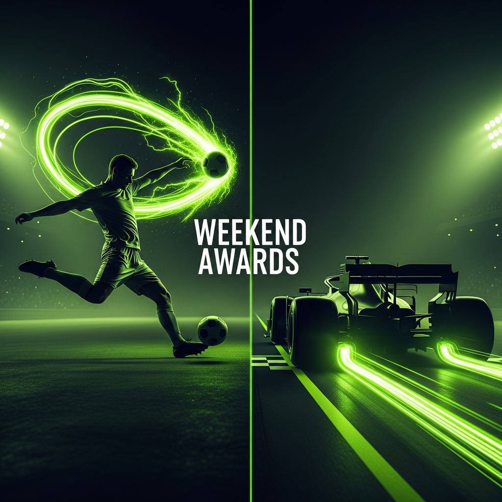 A 16:9 cinematic thumbnail with a dark, moody background and a lime green color scheme. A dynamic split-screen composition features two silhouetted athletes in motion. On the left, a footballer, representing Morgan Rogers, is captured mid-strike, with vibrant lime green energy trails swirling off the ball. On the right, an F1 car, representing Lando Norris, speeds across a finish line, leaving glowing lime green light streaks in its wake. The bold, modern text "WEEKEND AWARDS" is emblazoned in the center in a crisp lime green font.