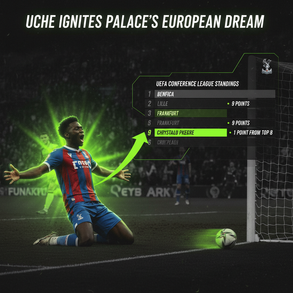 Eddie Nketiah scores Crystal Palace's second goal against Shelbourne, highlighted with lime green and dark tones.