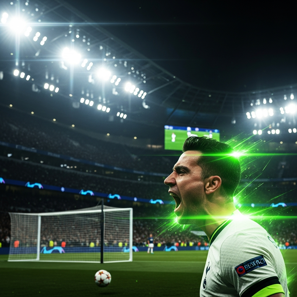 Xavi Simons celebrating his first Champions League goal with vibrant lime green lights, a futuristic and energetic mood.