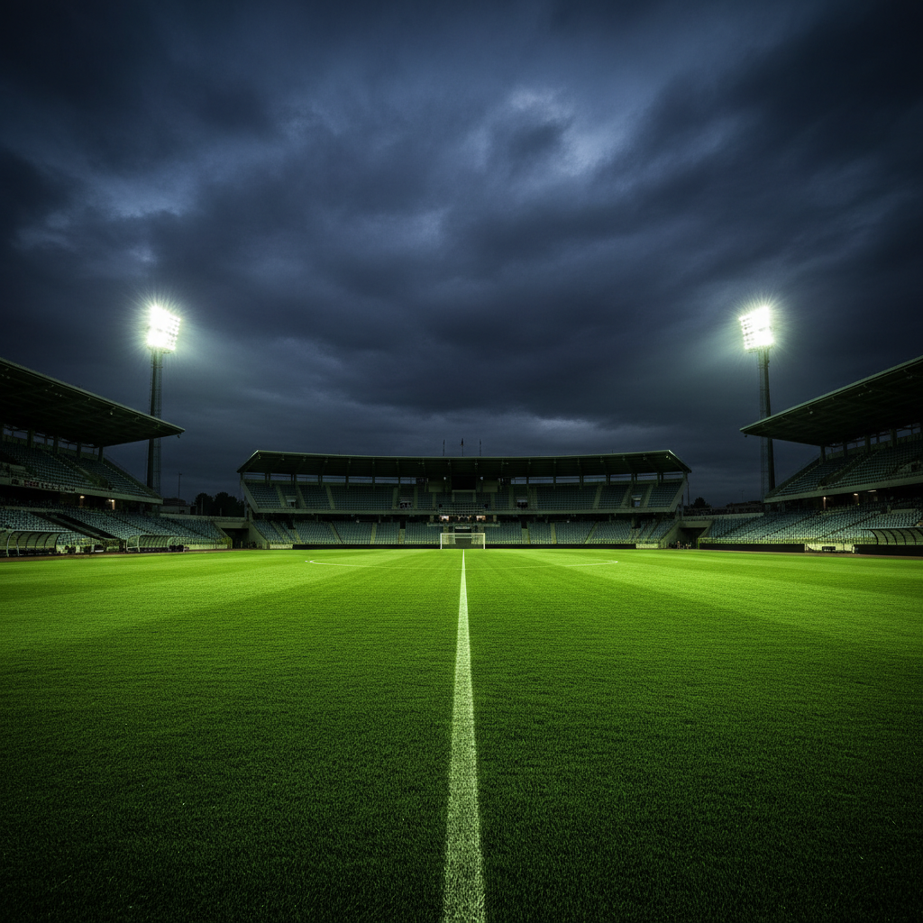 Football players from opposing teams competing for the ball during an intense match.