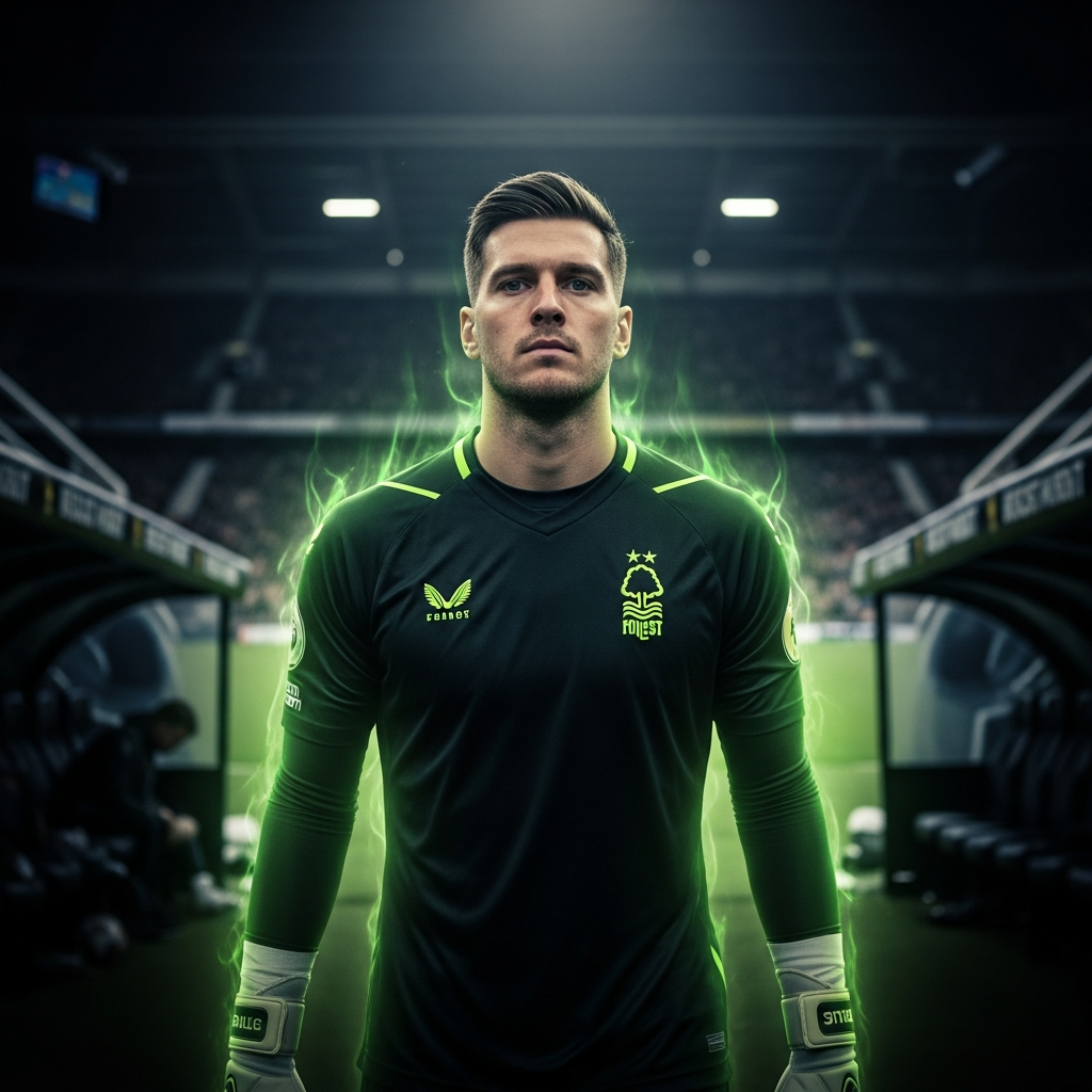 Nottingham Forest striker Igor Jesus celebrating his goal with vibrant lime green light streaks on Molineux pitch.