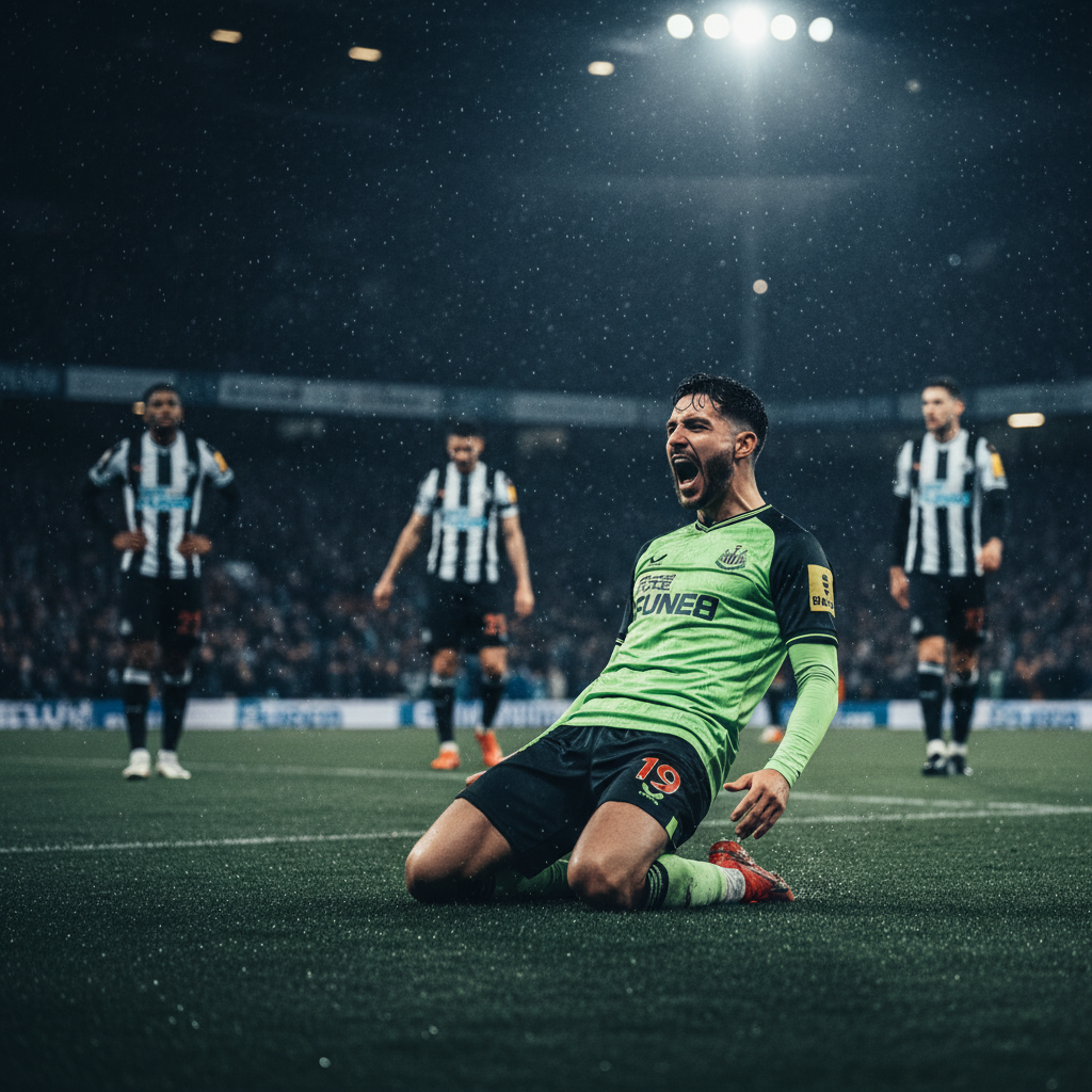 Anthony Gordon scores a penalty for Newcastle United against Bayer Leverkusen in the Champions League.