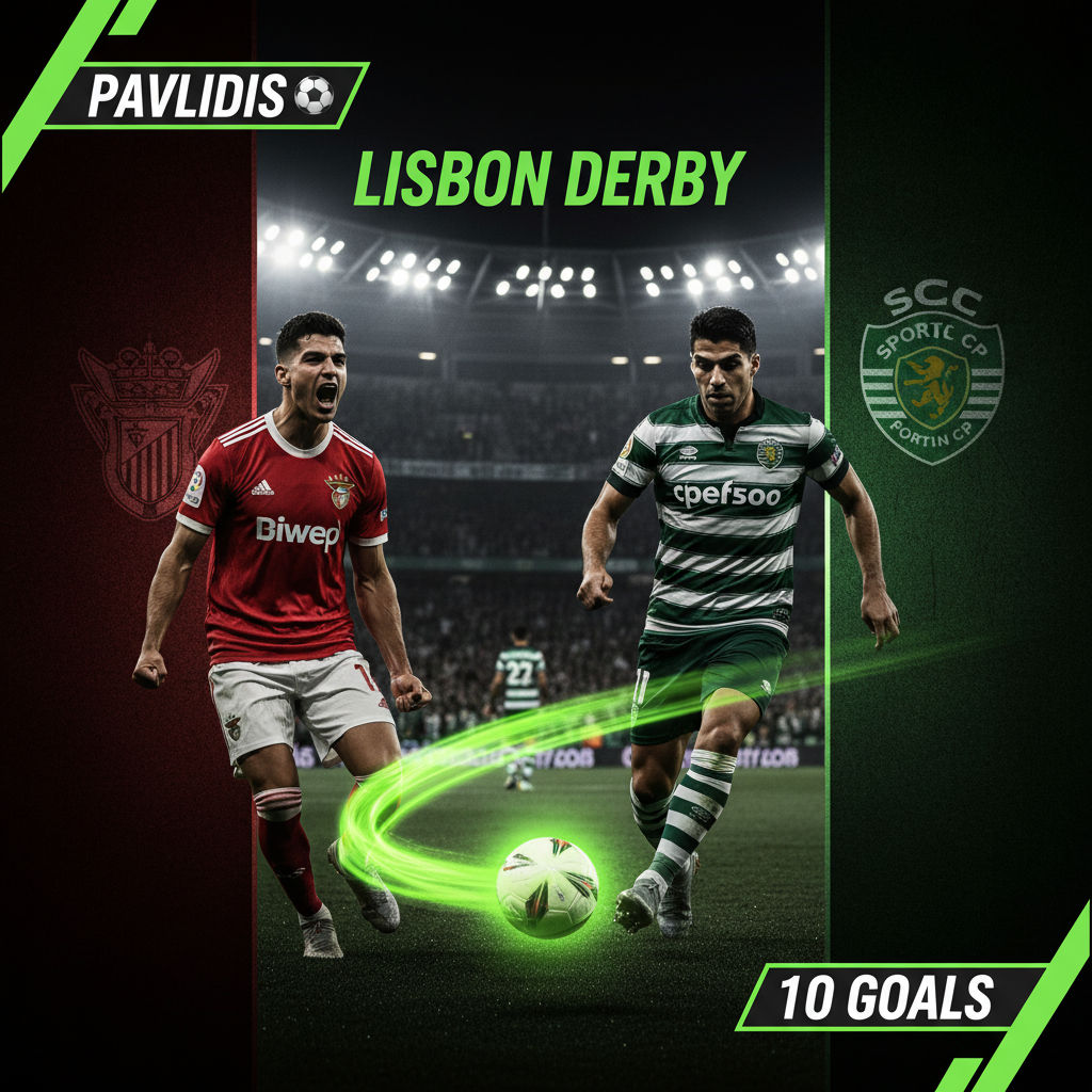 Benfica's top scorer Vangelis Pavlidis celebrating, with a lime green and dark color scheme.