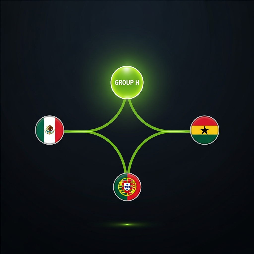 A 16:9 cinematic thumbnail for a blog post. The main subject is the gleaming FIFA World Cup trophy, positioned slightly off-center. The background is a very dark, near-black texture. Swirling, abstract light trails in a vibrant lime green color flow around the trophy, conveying a sense of energy, technology, and movement. The text "WORLD CUP 2026 DRAW: LIVE" is overlaid in a bold, white, sans-serif font, with "LIVE" highlighted in the same lime green as the light trails. The overall mood is futuristic, dramatic, and high-tech.