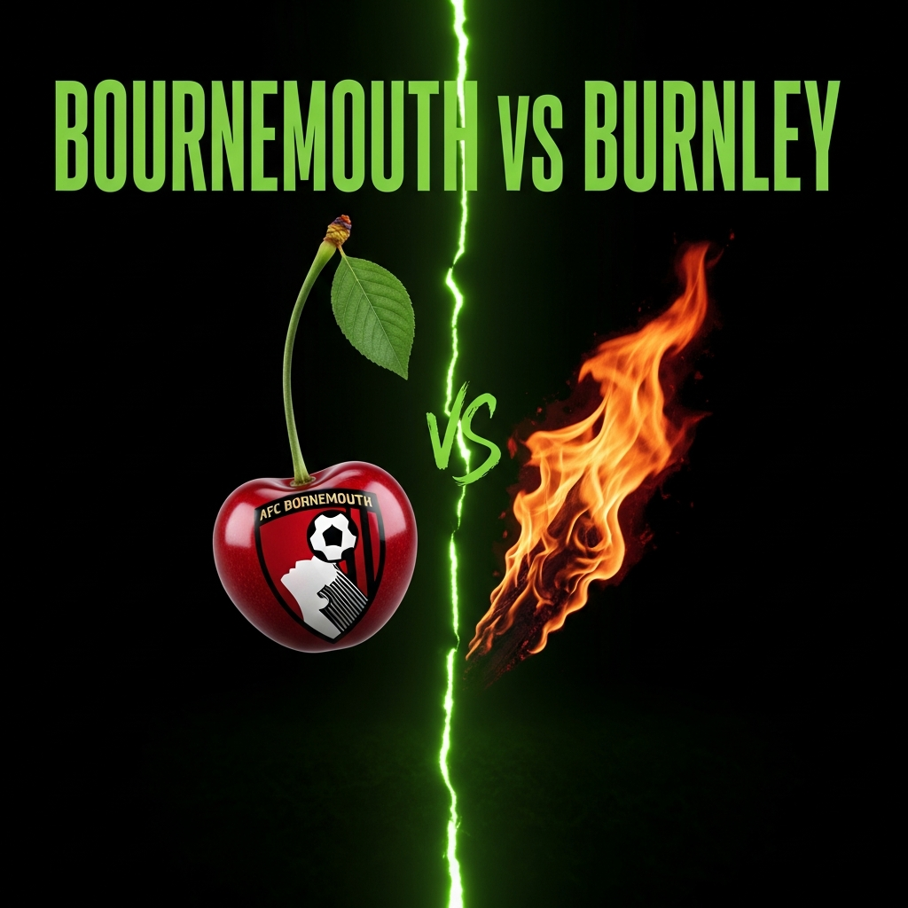 A dramatic sports thumbnail with a lime green crack separating a red cherry (Bournemouth) and a claret flame (Burnley), text "BOURNEMOUTH vs BURNLEY".