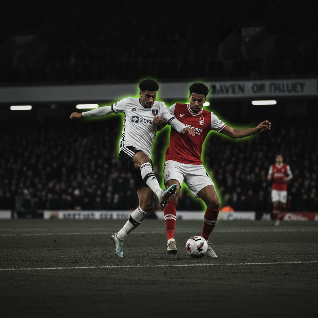 Midfielders from Fulham and Nottingham Forest compete for the ball during their Premier League match at Craven Cottage.