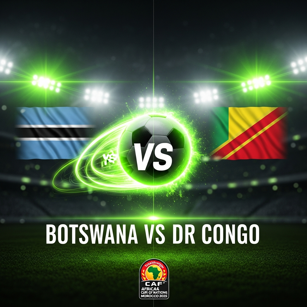 A dramatic 16:9 sports thumbnail depicting Botswana vs DR Congo match with lime green accents.